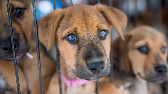 Mayday for Mutts, volunteers at an animal shelter care for and feed mixed breed dogs waiting to be adopted. The dogs look different from each other. AI generated images.