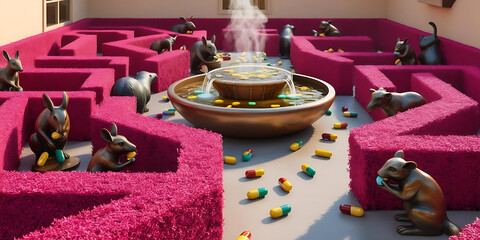 A whimsical maze filled with pink hedges