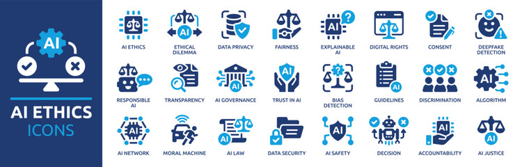 Naklejka na ściany i meble AI ethics icon set. Containing data privacy, guidelines, artificial intelligence, ethical dilemma, bias detection, fairness, explainable AI, transparency and more. Solid vector icons collection.