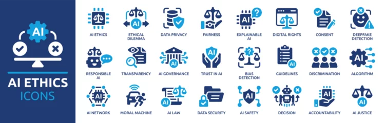 Fototapete AI ethics icon set. Containing data privacy, guidelines, artificial intelligence, ethical dilemma, bias detection, fairness, explainable AI, transparency and more. Solid vector icons collection. © Icons-Studio