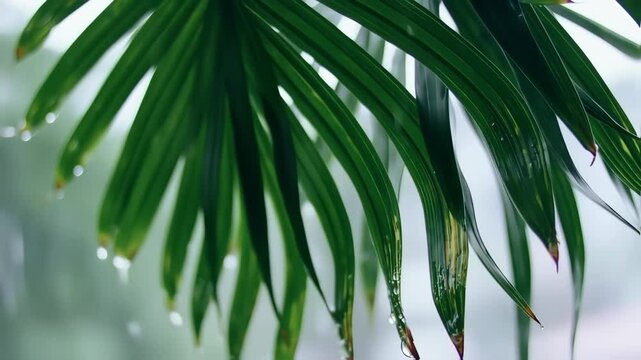 Tropical leaf bathed in rainfall, nature's refreshing elixir on foliage