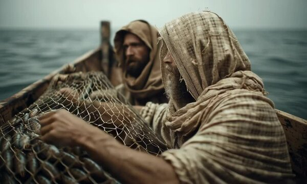 Two fishermen in a small boat, sorting their catch on a stormy sea.  The image evokes a sense of hard work and the challenges of life at sea.