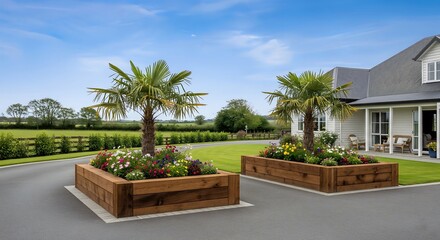 Fototapeta premium Two wooden planter boxes filled with flowers and palm trees flank a driveway leading to a house. Green fields and blue sky in the background.