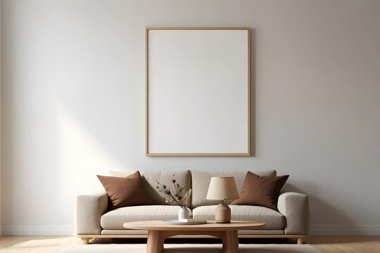 Minimalist living room interior with beige sofa and blank frame mockup