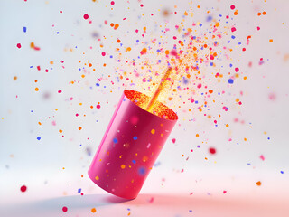 Vibrant Pink 3 D Party Popper Exploding Colorful Confetti Celebration Burst Bright Orange Yellow Red Purple Blue Square Circle Shapes Festive Background