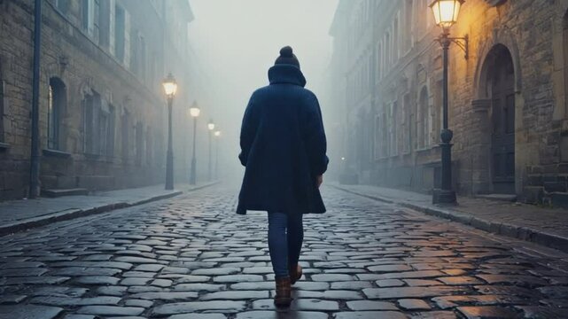 A solitary woman walking away on a dark, wet urban street at night, evoking mystery, isolation, and urban anonymity. Ideal for suspense or introspective themes.
