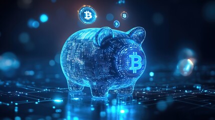 A glowing blue piggy bank with digital currency symbols hovering around it 