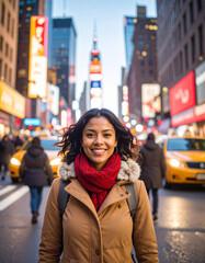 Hispanic woman in tan parka and red scarf smiling in Times Square