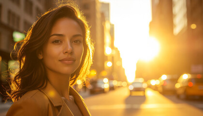 Hispanic woman glowing in golden hour sunlight on a NYC street