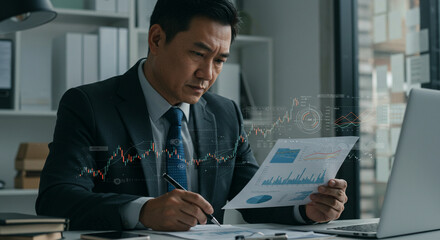 Successful Businessman Analyzing Financial Reports and Stock Charts in the Office