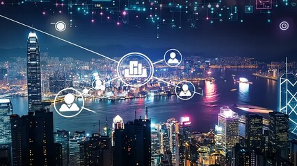Nighttime cityscape of Hong Kong showcasing vibrant skyline with digital overlays of data and connectivity - Powered by Adobe