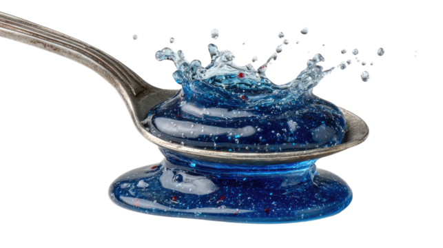 Splash of Color: A spoonful of shimmering blue liquid erupts in a dynamic splash, the droplets frozen mid-air, revealing the artistic blend of fluidity and stillness.