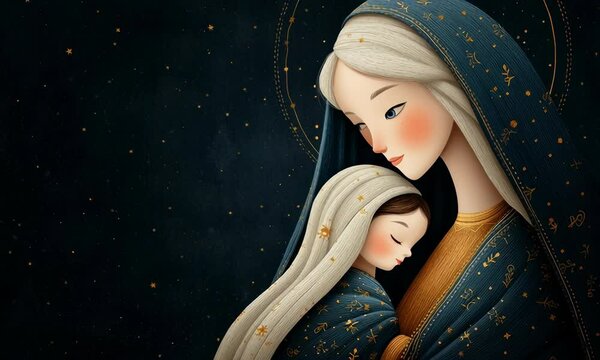 Mary and baby Jesus. A tender illustration of mother and child sharing a peaceful moment.