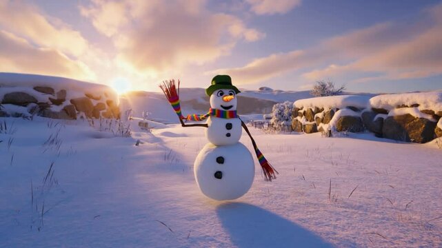 A cheerful snowman standing in a snowy landscape at sunset, symbolizing winter magic, holiday cheer, and the beauty of the cold season. Ideal for festive themes.