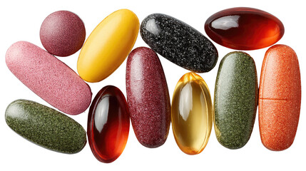 Colorful Supplement Pills: A vibrant collection of various-shaped and colored supplement pills, showcasing a range of vitamins and minerals for health and wellness.