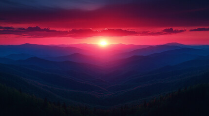 Obraz premium Mountain valley sunset over layered hills, vibrant sky