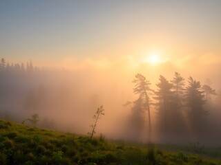 Fototapeta premium Serene Misty Forest Landscape with Golden Morning Light – Ultra HD Nature Background
