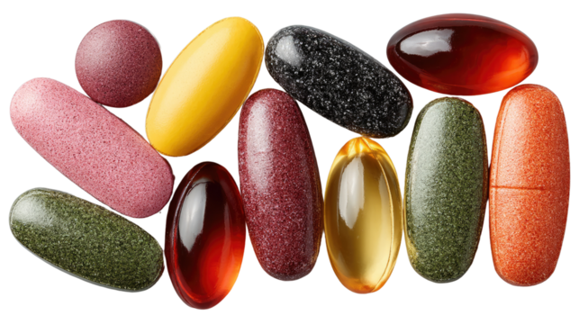 Colorful Supplement Pills: A vibrant collection of various-shaped and colored supplement pills, showcasing a range of vitamins and minerals for health and wellness.