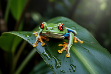 Fototapeta premium Vibrant Frog on Leaf: A stunning macro photograph showcases a colorful Red-eyed tree frog, perched regally upon a vibrant, lush leaf in a tropical rainforest setting.