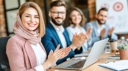 Corporate Success: A group of professionals applaud, basking in the glow of success, fostering collaborative environment for the celebration and acknowledgment. 