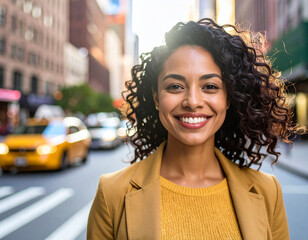 Hispanic woman with structured features in neutral tones, captured at sunset on a NYC street