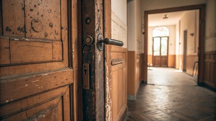 Obraz premium An old wooden door in a church interior opens to an empty corridor, highlighting the building's classic architecture and design