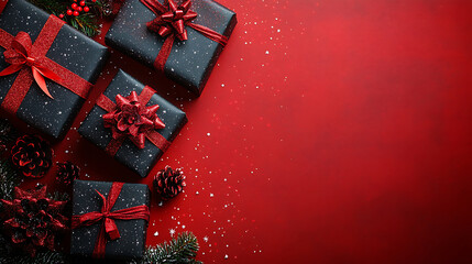 Elegant christmas gift boxes with red ribbons and decorative festive elements on a deep red gradient background