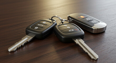 Close-up of three car keys on a wooden surface, representing vehicle access and security
