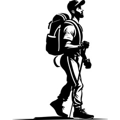 Naklejka premium Sketchy sport emblem of male adventurer with backpack on his shoulders in monochrome. Engraving minimalistic vector in black ink drawing on transparent background