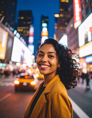 Hispanic woman smiling brightly in golden hour light on a vibrant NYC street