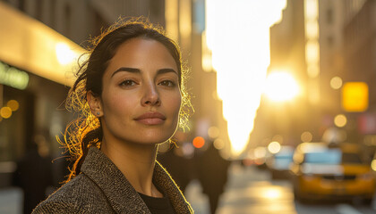 Smiling Hispanic woman in golden coat standing confidently on a glowing NYC street at night