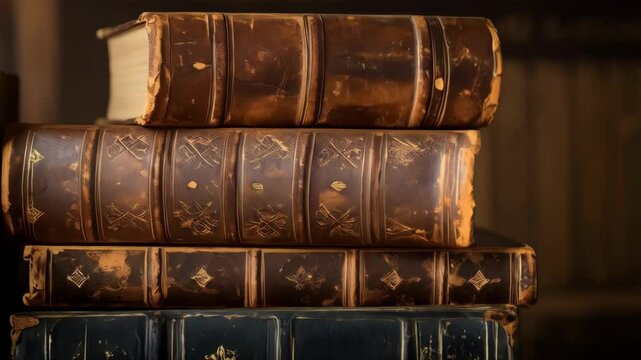Close-up of an old collection of leather bound books stacked, with aged paper and gold decorative markings on a shelf in dim light