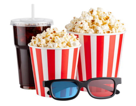  Popcorn Snack Set with Cola Cup and 3D Glasses, transparent cutout - Powered by Adobe