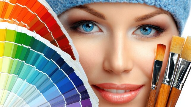 Palette and the Artist: A young and passionate female artist, surrounded by a spectrum of vibrant colors and essential tools of the craft, evokes the spirit of creativity and design.