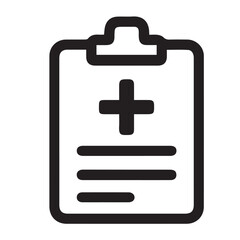 Minimalist vector icon of a patient medical record paper, in black and white with bold black outline, ideal for hospital apps or infographics.

