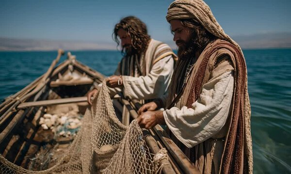 Two individuals engrossed in the task of mending a fishing net aboard a small boat, their faces marked by concentration and purpose. They are on a peaceful sea under a radiant sun.