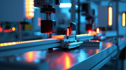 Automated Manufacturing Process: High-Tech Industrial Assembly Line with LED Lighting