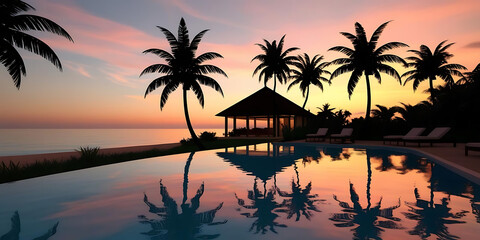 A serene sunset by a poolside, with palm trees silhouetted