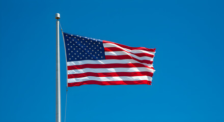 American Flag Waving Against Clear Blue Sky | Patriotic Symbol for Independence Day, Memorial Day and National Holidays