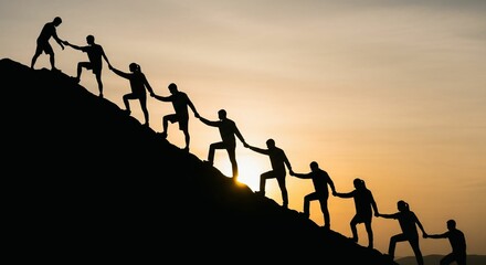 Group of people on peak mountain climbing helping team work , travel trekking success business concept, silhouette JPEG