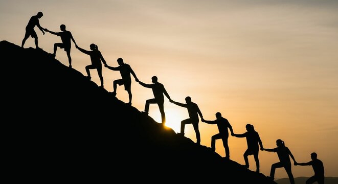 Group of people on peak mountain climbing helping team work , travel trekking success business concept, silhouette JPEG