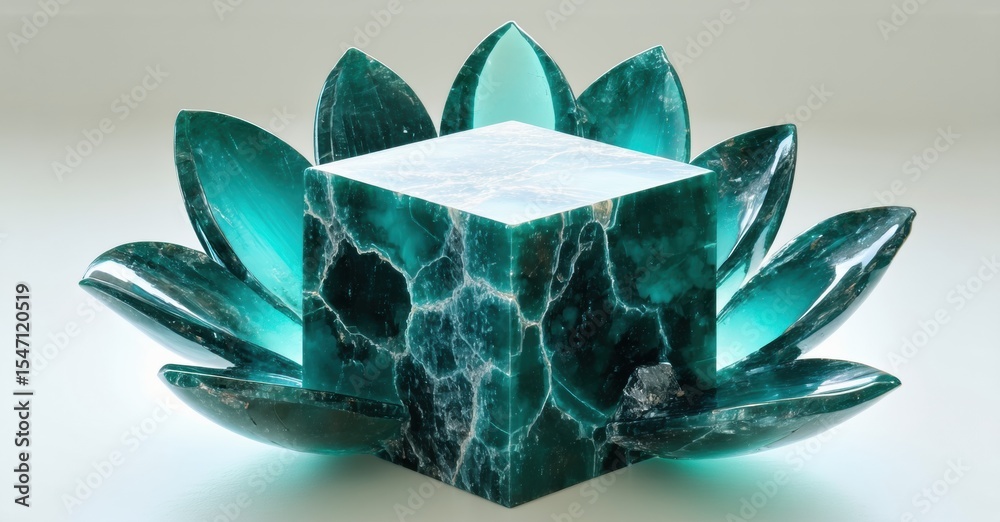 Poster sculpture features cube nestled within blossoming petals. teal hues dominate, creating striking visu