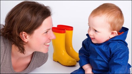 Mother and Baby Bonding: A heartwarming moment of connection between a mother and her baby, captured in a tender gaze.  Yellow rain boots subtly hint at playful adventures to come. 