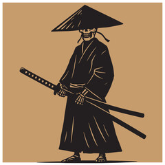 Silhouette of a samurai skeleton wearing a hat and holding two swords on a tan background