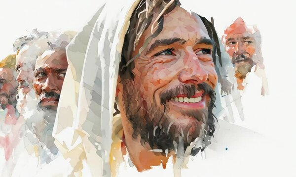 A group of diverse people with expressions of faith and contentment, possibly on a spiritual journey