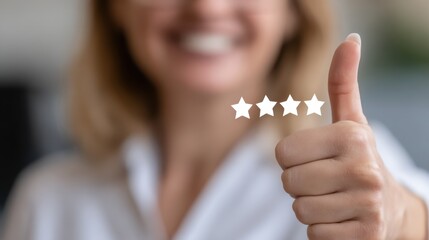 Positive Feedback: A close-up shot of a woman's hand giving a thumbs-up, showcasing a positive customer feedback and good experience. with five stars icon.