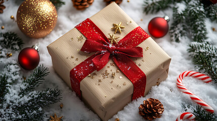 Elegant christmas gift wrapped in brown paper with red ribbon on snow decorative balls candy canes