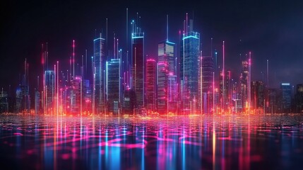 Fototapeta premium A futuristic city skyline with glowing financial buildings representing economic growth