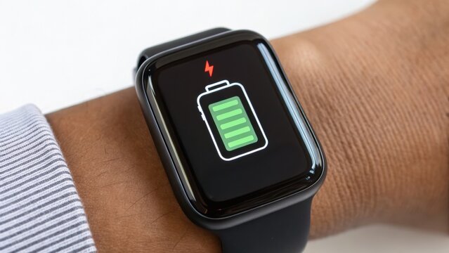 A close-up of a smartwatch on a wrist showing a full battery charging icon on its screen.