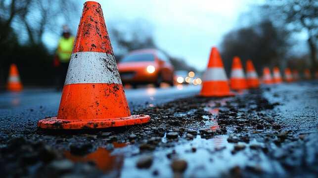 Muddy traffic cones diverting cars on wet road during twilight - Powered by Adobe
